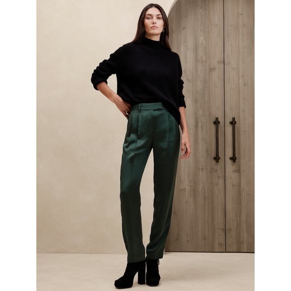 $170 Banana Republic Isa Green Satin Pleated Straight Leg Pant - 6P - Picture 1 of 7